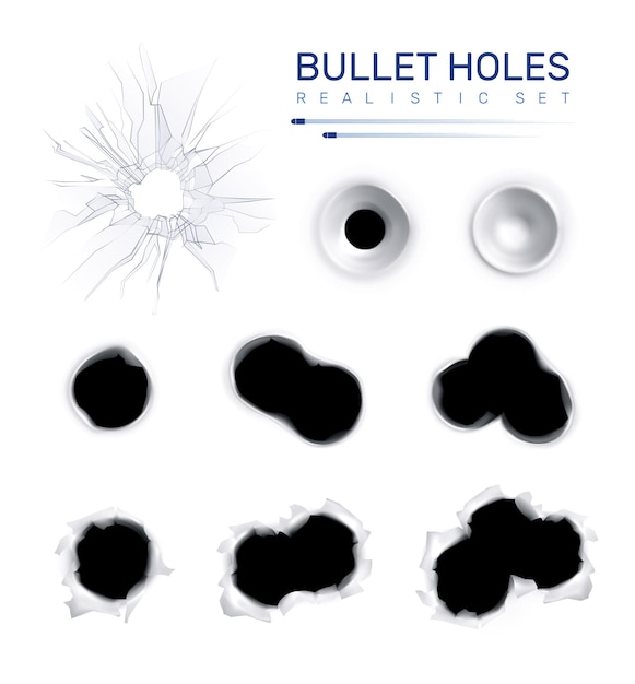 Реалистичный набор пулевых отверстий с текстом и отдельными изображениями огнестрельных пятен различной формы векторной иллюстрации