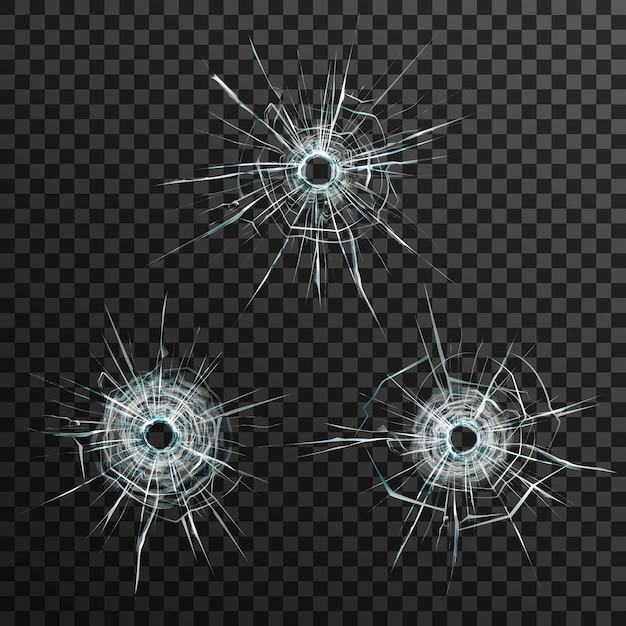 Bullet holes template in glass on transparent gray background