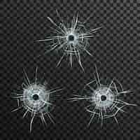 Free vector bullet holes template in glass on transparent gray background