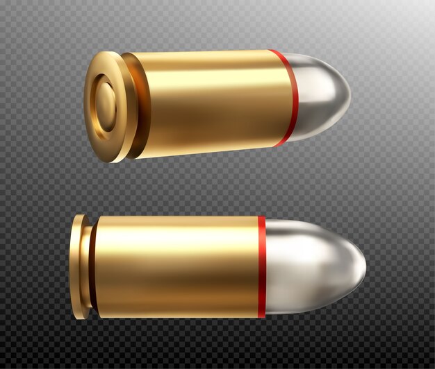 Bullets side and rear view. Copper or gold colored nine mm shots with steel head for parabellum. Military handgun ammo weapon metal gunshots isolated on transparent background realistic 3d icon