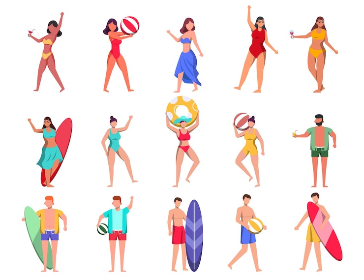 Free Vector a bundle of 15 female characters in bathing suits and poses with assets