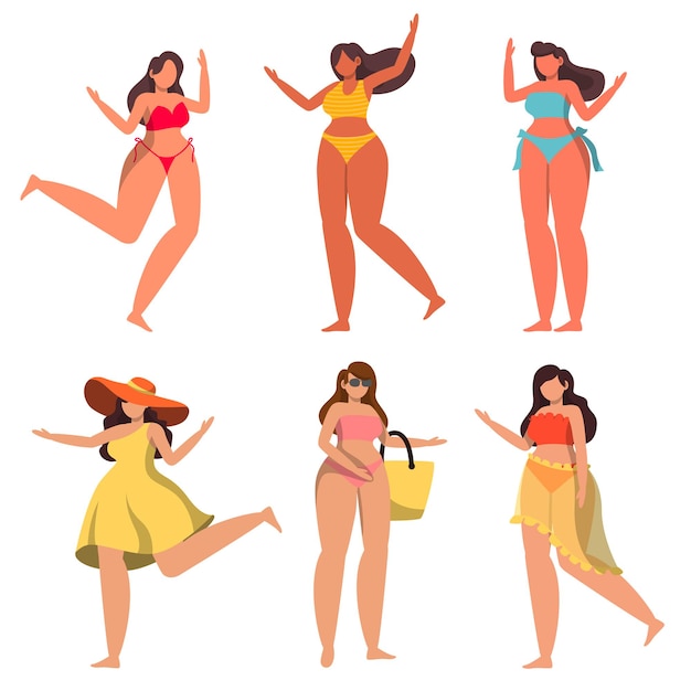 A bundle of 6 female characters in bathing suits and poses with assets in a white background. vector illustration flat design