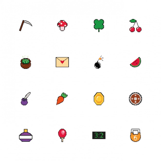 bundle of 8 bits pixelated style icons 
