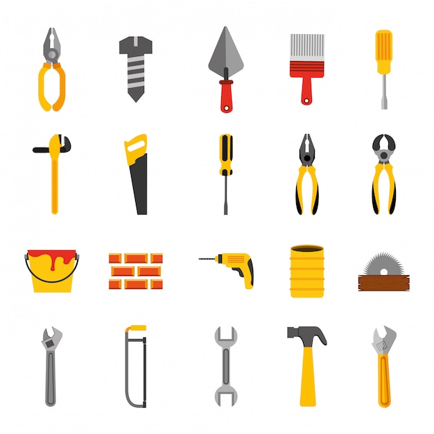 Vettore gratuito fascio di icone di strumenti di costruzione