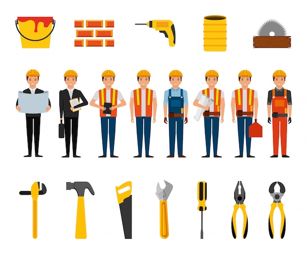 Bundle of construction workers and tools