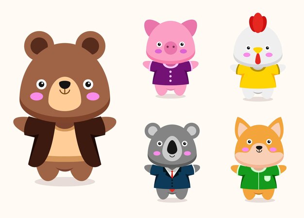 かわいい動物の漫画のキャラクターのマスコットコレクション、フラットカラフルなイラストのバンドル