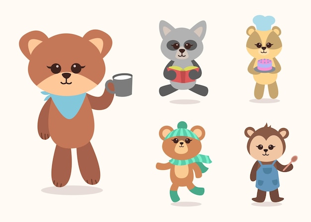 Bundle of cute animal cartoon characters mascot collection,  flat colorful   illustration