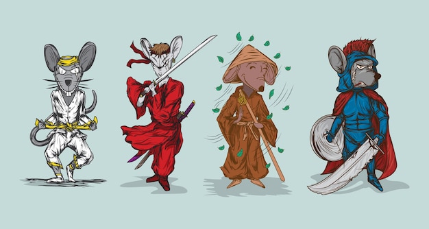 Bundle of fighting mouse character illustration with different dress style