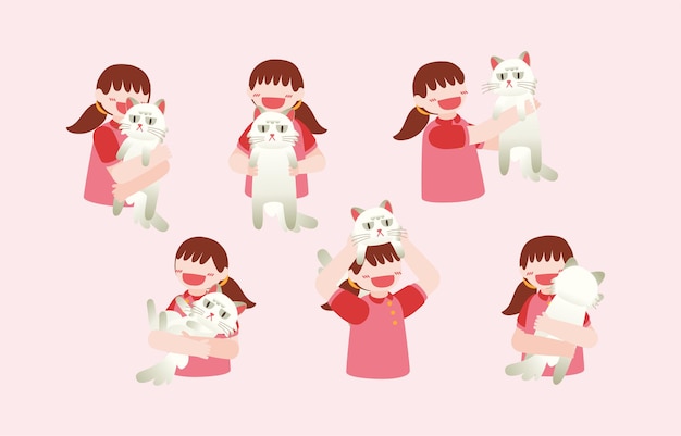 Bundle of  lovely girls and her cat,  set of portraits of adorable pet owner and cute domestic animal