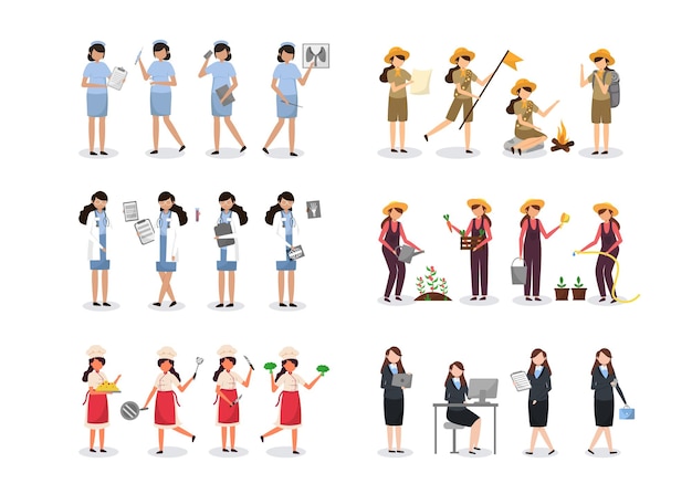 Бесплатное векторное изображение Набор из 4 женских персонажей различных профессий, стилей жизни и выражений каждого персонажа в разных жестах, бизнесвумен, медсестра, доктор, разведчик, повар, фермер