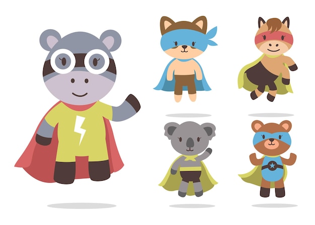 Бесплатное векторное изображение Набор милых мультфильмов животных с коллекцией персонажей-талисманов супергероев