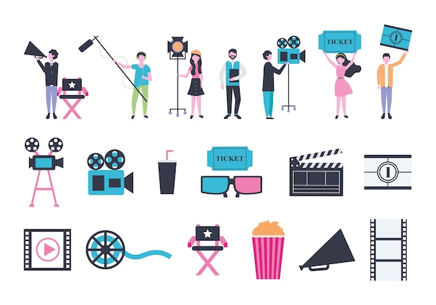 Free vector bundle of people and cinema entertainment icons