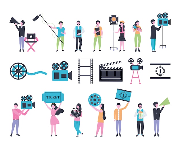 Free vector bundle of people and cinema entertainment icons