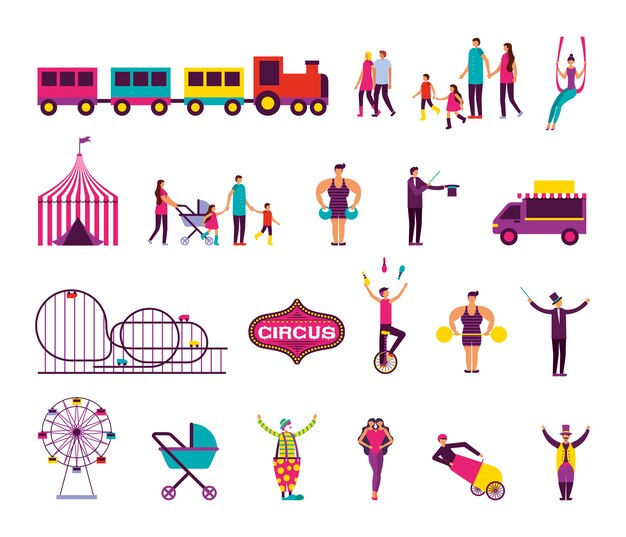 Bundle of people and circus fair set icons
