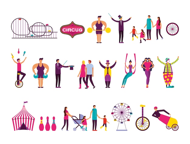 Bundle of people and circus fair set icons