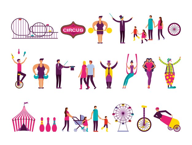 Bundle of people and circus fair set icons