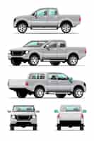 Free vector bundle set of grey color pickup truck, side, front, back view.on white background