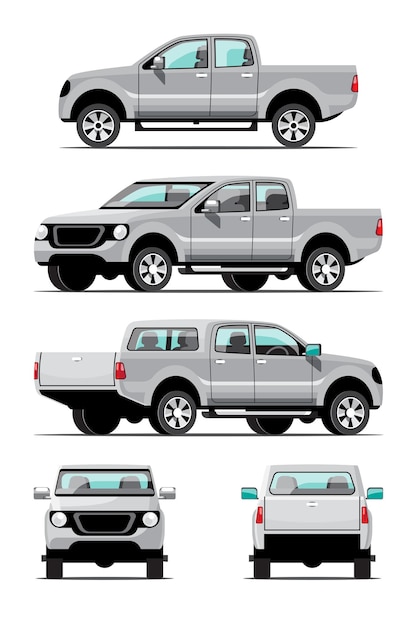 灰色のピックアップトラックのバンドルセット、側面、正面、背面図。白い背景に
