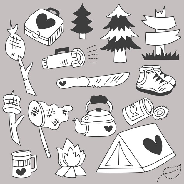 Bundle Set of travel camping on holidays with cartoon items hand drawing sketch