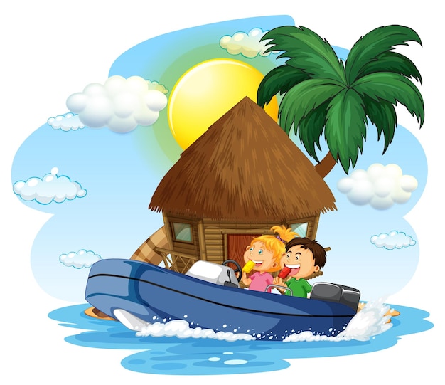Bungalow on the island with children on boat
