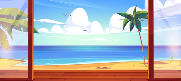 Бесплатное векторное изображение Деревянное крыльцо бунгало на тропическом песчаном морском пляже