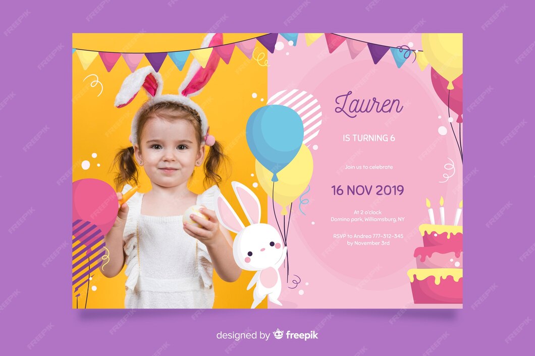 Free Vector | Bunny birthday invitation template with photo