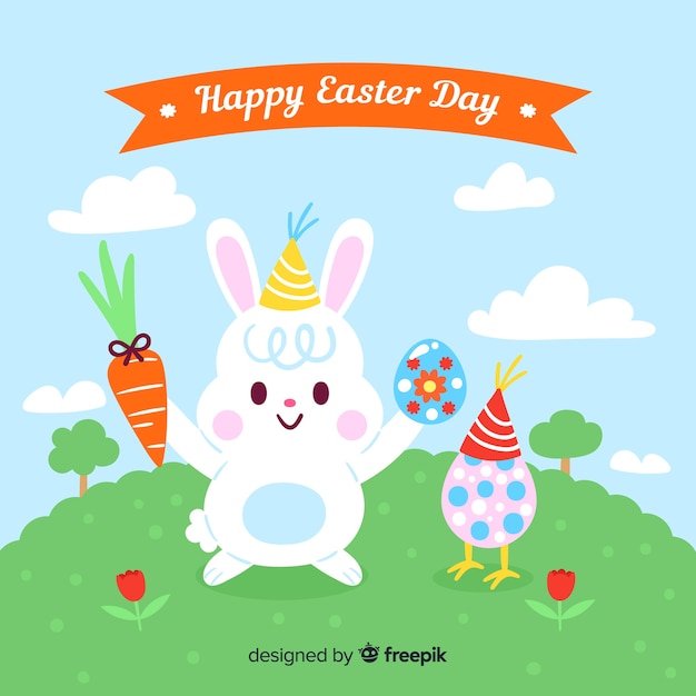 Free vector bunny on field easter background