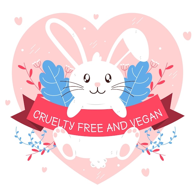 Free vector bunny holding a ribbon with cruelty free and vegan message