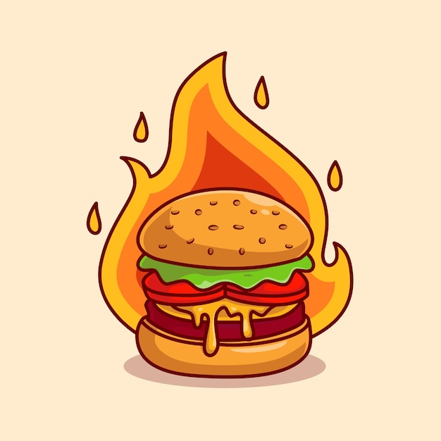 Burger Cheese With Fire Cartoon Vector Icon Illustration. Food Object Icon Concept Isolated Premium