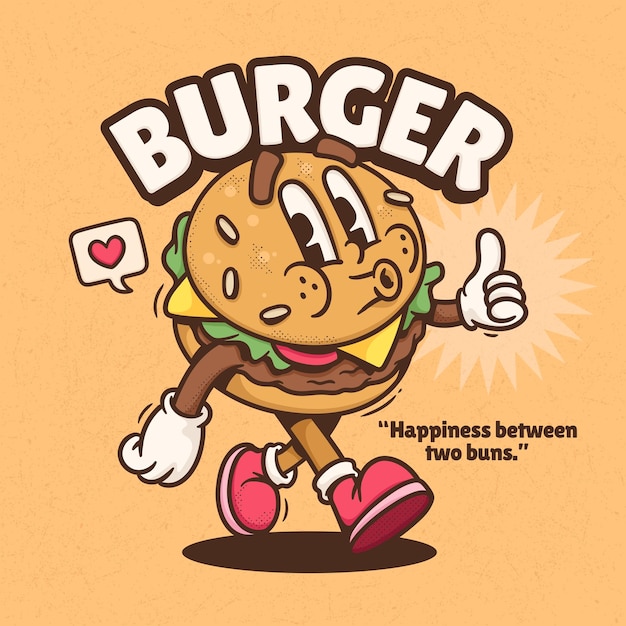 Free vector burger cute trendy retro cartoon vector hand drawn