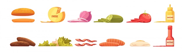 ハンバーガーの要素セットパンチーズ肉野菜オムレツとレトロな漫画スタイル