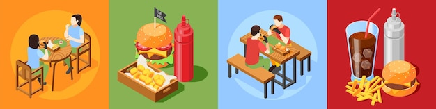 Burger house isometric design concept with 4x1 set of fast food meal compositions with visitor characters