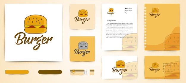 ハンバーガーのロゴと名刺のブランディングテンプレートデザインのインスピレーションは白い背景で隔離