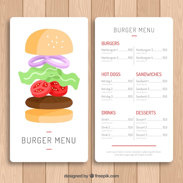 Vettore gratuito modello di menu burger con design classico