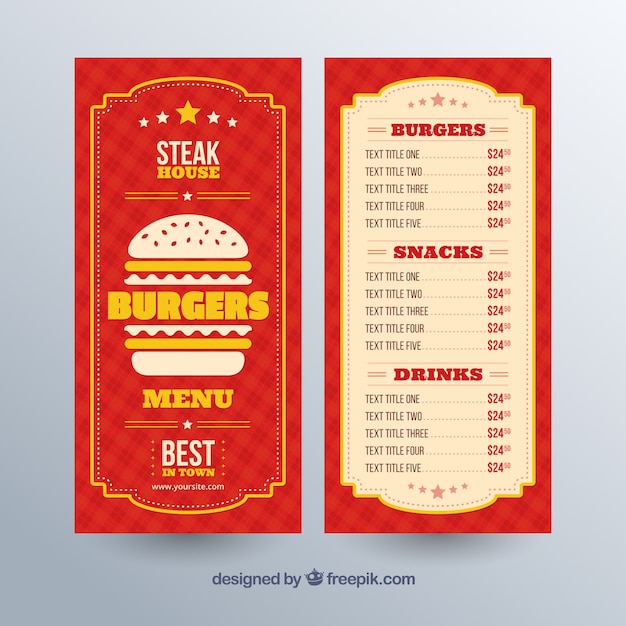 Vettore gratuito modello di menu burger con dettagli gialli