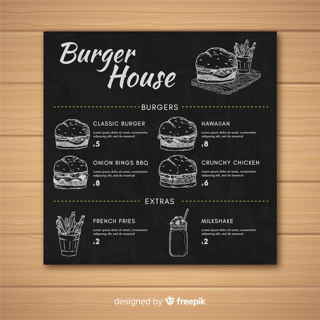 Burger restaurant menu retro style template on chalkboard