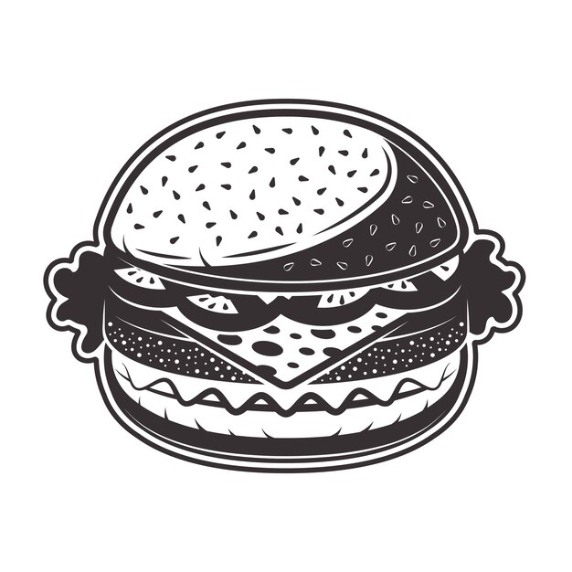 白地にモノクロのハンバーガーシルエットイラスト プレミアムベクター