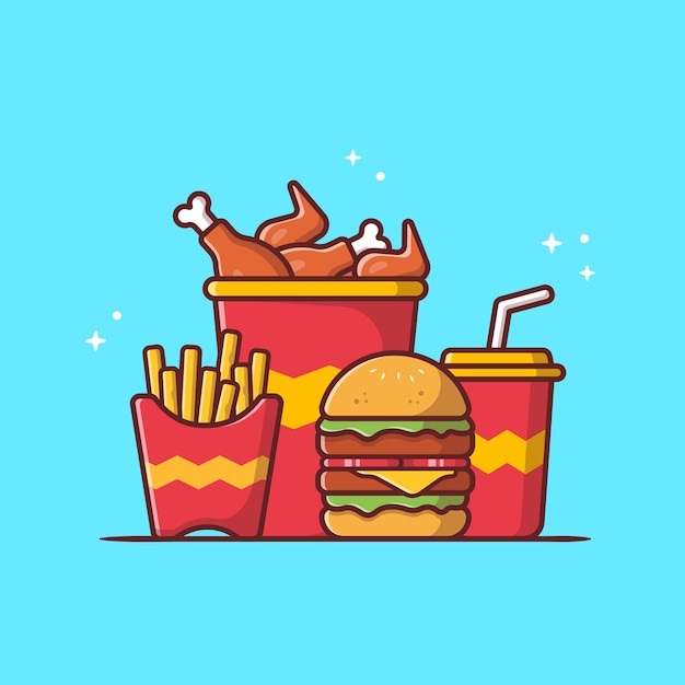 Бургер с жареной курицей, картофелем фри и содовой мультяшный вектор значок иллюстрации. Значок быстрого питания