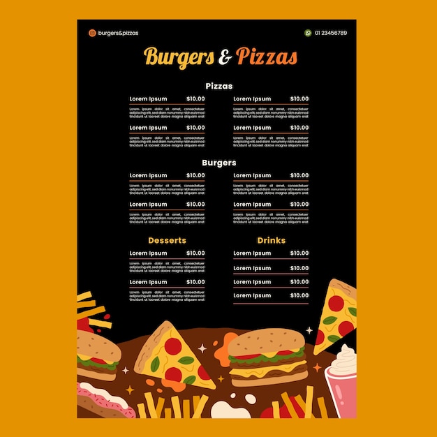 Modello di menu per hamburger e pizza