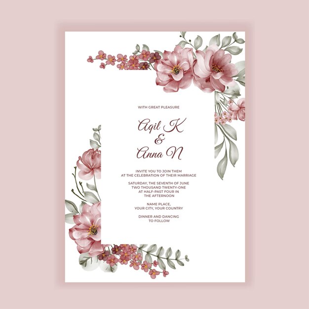 Burgundy roses watercolor flower wedding invitation