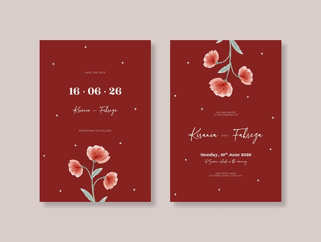 Бургундский шаблон свадебного приглашения с красивыми акварельными цветами