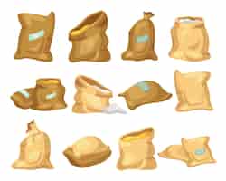無料ベクター 穀物の黄麻布の袋漫画イラストセット。小麦粉、砂糖、米、小麦、またはライ麦の結ばれた袋と解かれた袋で、白い背景にラベルが分離されています。農業、有機食品の概念