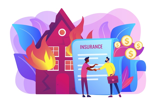 Free vector burn house, flaming building. insurance agent and customer flat characters. fire insurance, fire economic losses, protect your property concept.