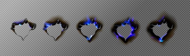 Бесплатное векторное изображение Сожгите бумажные дыры с набором обожженных синим огнем рамок