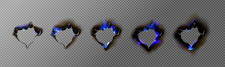 Free Vector burn paper holes with blue fire burnt frames set