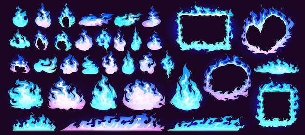 無料ベクター 燃える青い火、炎のフレームと境界線