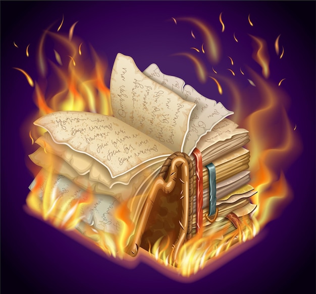 Burning book of magic spells and witchcraft.