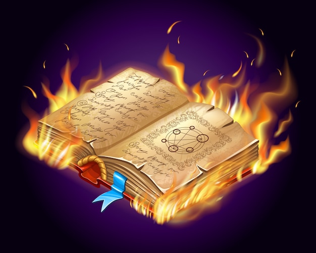 Burning book of magic spells and witchcraft.