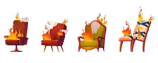 Сжигание сломанных стульев и кресел, старая ненужная мебель в огне