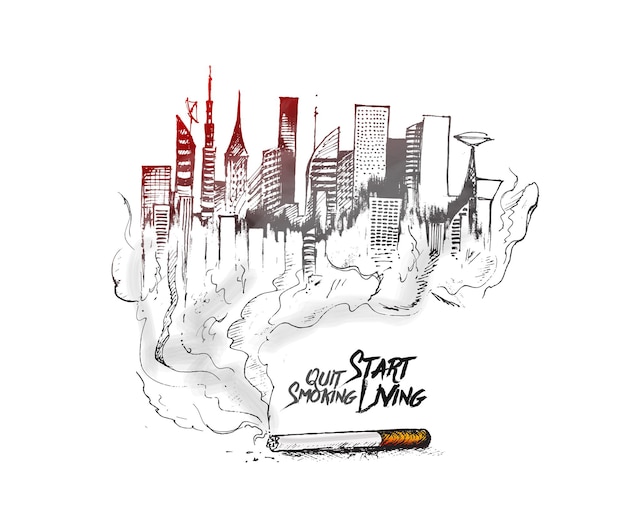 Free vector burning cigarette as a pollution city design with deadly smoke symbolizing that quit smoking or start living